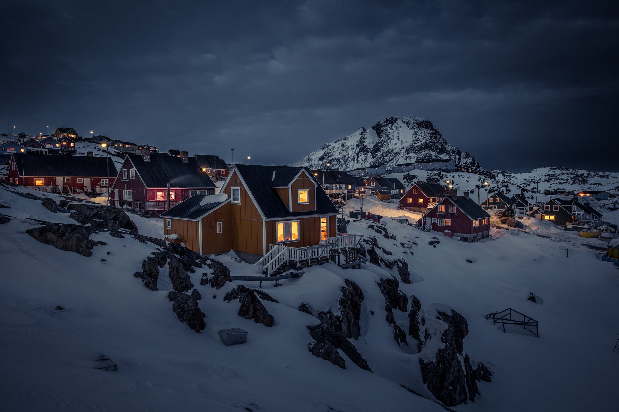 white and brown house, Greenland, night, house, landscape