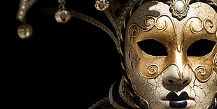 gold and white mask, venetian masks, mask, bell, black background HD wallpaper