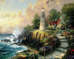 gray lighthouse painting, artwork, Thomas Kinkade, painting, stairs