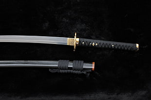 black hilt katana with sheath, katana, sword, Japan HD wallpaper
