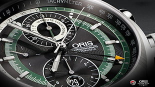 round silver-colored and green Oris chronograph watch, watch, luxury watches, Oris