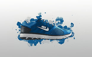 unpaired blue, white, and black Nike running shoe