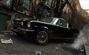 black Ford Mustang coupe, Ford Mustang, car, street, black