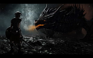 knight holding sword in front of dragon digital wallpaper, The Elder Scrolls V: Skyrim, dragon