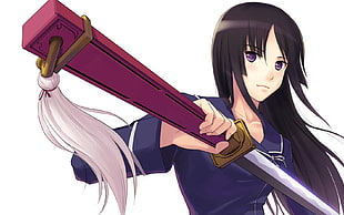 female anime character with black hair holding sword