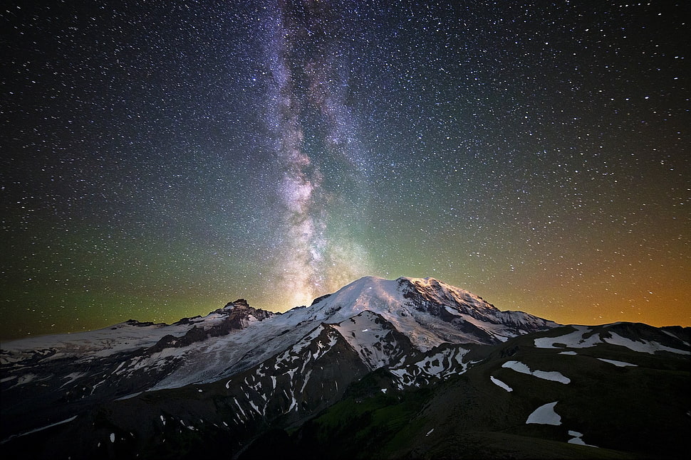 mountain, stars, mountains, snowy peak HD wallpaper