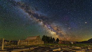 Milky Way galaxy startrail, barn, space art, stars, Milky Way HD wallpaper