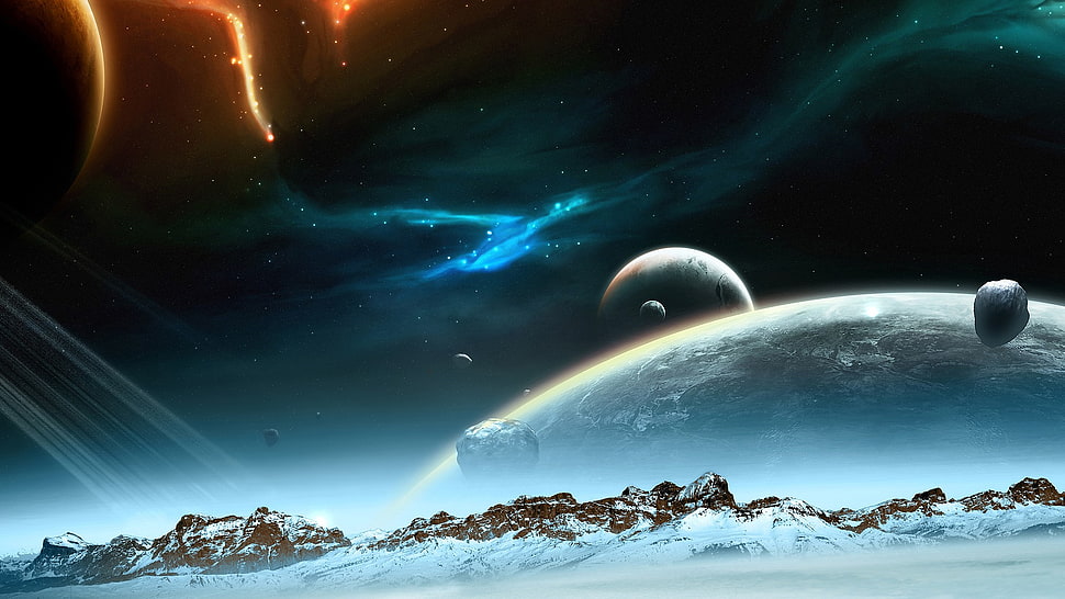 moon and star digital wallpaper illustration, space, planet, landscape, universe HD wallpaper
