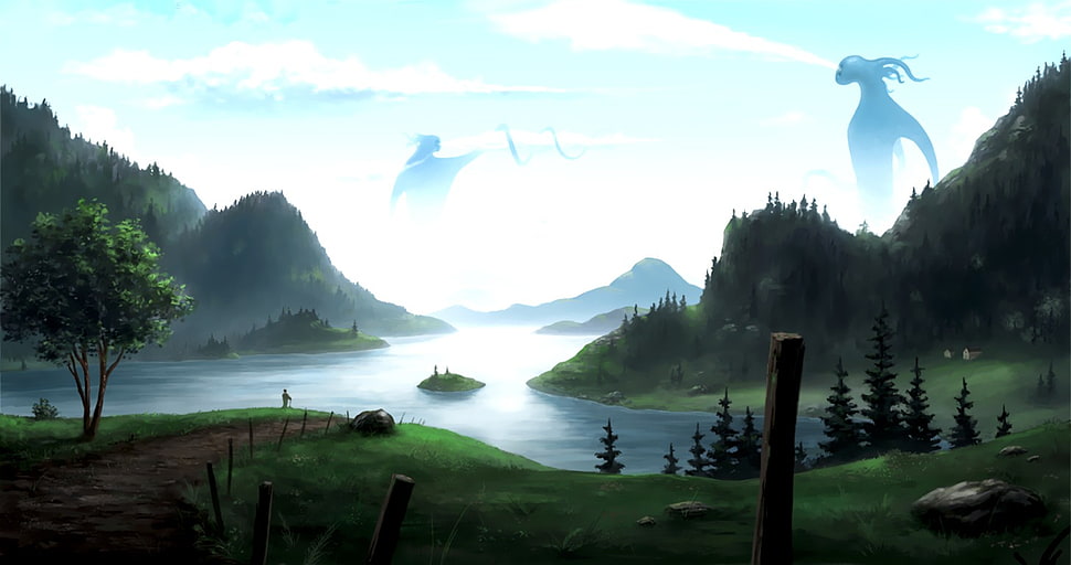 painting of lake, anime, landscape HD wallpaper