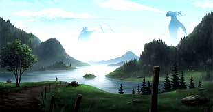 painting of lake, anime, landscape