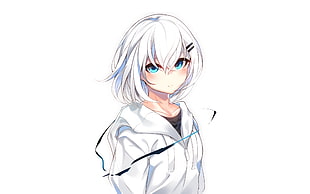 short white haired female anime character illustration, aqua eyes, blushing, short hair, white hair