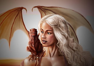 Daenarys Targaryen with dragon on her shoulder illustration