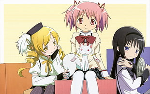 three female with school uniforms and one monster anime character digital wallpaper