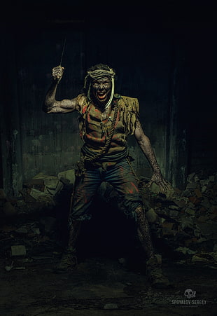 man holding knife illustration, Sergey Spoyalov, apocalyptic, 500px HD wallpaper