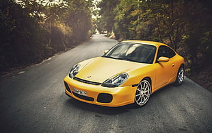 yellow coupe, car, Porsche, road, yellow cars