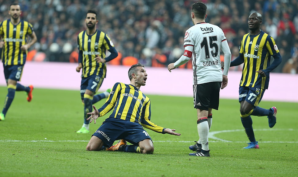 men's yellow and blue jersey, Robin van Persie, Fenerbahçe, Besiktas J.K., soccer HD wallpaper