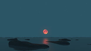 red moon, Moon, sea, lunar eclipses, landscape
