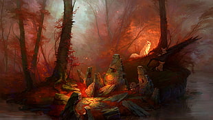 painting of forest with rocks and fox