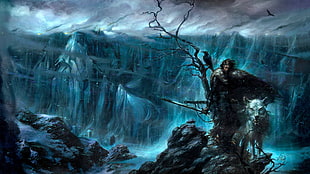 man with black coat beside white wolf digital wallpaper HD wallpaper