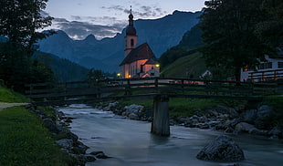 gray wooden bridge, nature, landscape, architecture, church HD wallpaper