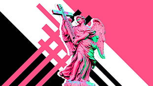 pink angel ceramic figurine, angel, guitar, musical instrument, pink HD wallpaper