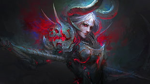 female character with horn wallpaper, armor, blood, fan art, horns HD wallpaper