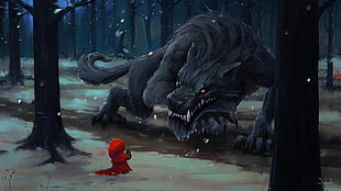 little red riding hood illustration, digital art, fantasy art, Sephiroth, animals