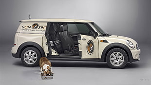 white and black MINI Paceman, Mini Clubvan, MINI Cooper Clubman, dog, Mini Cooper