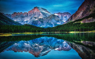 body of water with mountain, lake, mountains, forest, reflection