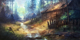 shack beside river painting, apocalyptic, digital art