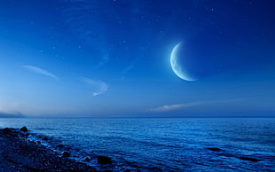crescent moon above a body of water digital art, night, beach, Moon, sky HD wallpaper