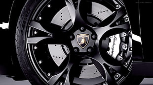 black Lamborghini 5-spoke vehicle wheel and tire, car, Lamborghini, wheels, vehicle HD wallpaper