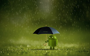green Android under the umbrella in the rain graphics, Android (operating system), rain, umbrella, technology HD wallpaper