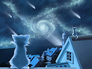 gray cat illustration, cat, nebula, rooftops, space