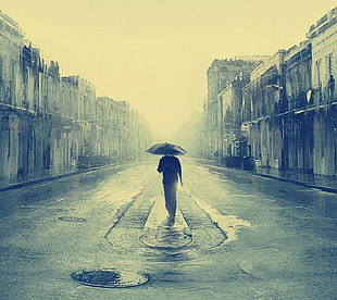 man holding umbrella painting, loneliness, rain, city, umbrella