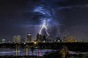 white lightning under blue and black clouds over black and brown buildings