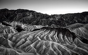 grayscale photography of sand dune, mountains, landscape