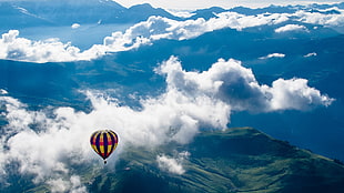 black and red hot air balloon, landscape, hot air balloons, mountains, clouds HD wallpaper