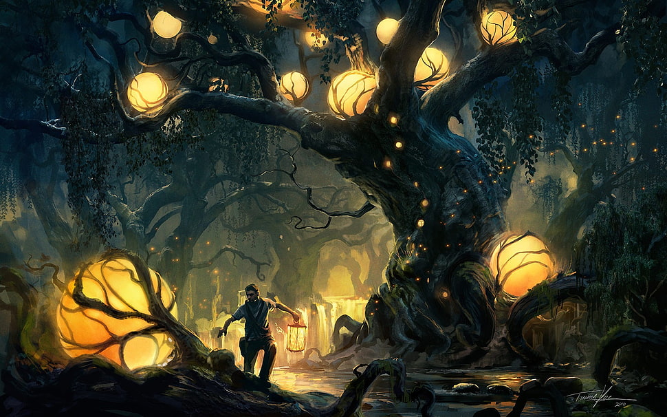 man standing near trees with lamps, fantasy art, digital art HD wallpaper