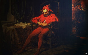 men's red jester costume, Stańczyk, digital art, Joker