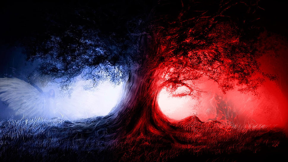 red and blue tree digital wallpaper, trees, nature, angel, Devil HD wallpaper