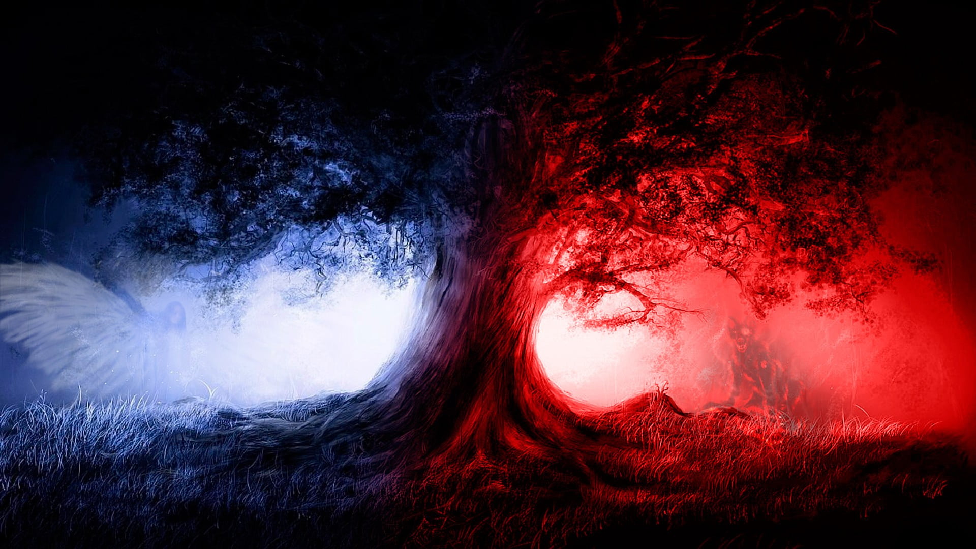 red and blue tree digital wallpaper, trees, nature, angel, Devil HD wallpap...
