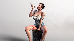 sitting woman in white and blue off-shoulder dress holding tobacco pipe