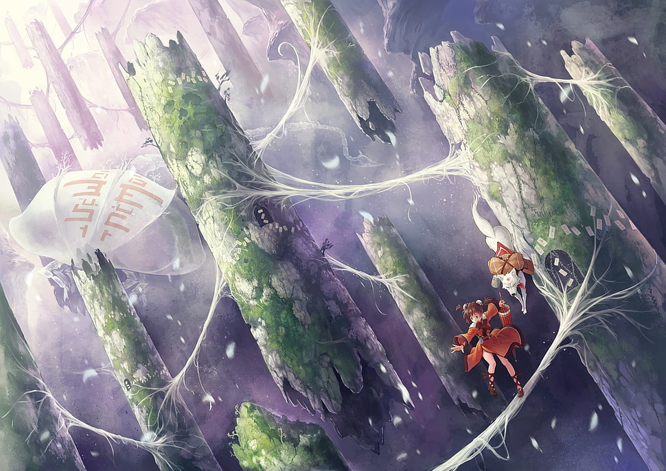 orange character illustration, trees, fantasy art, wolf HD wallpaper