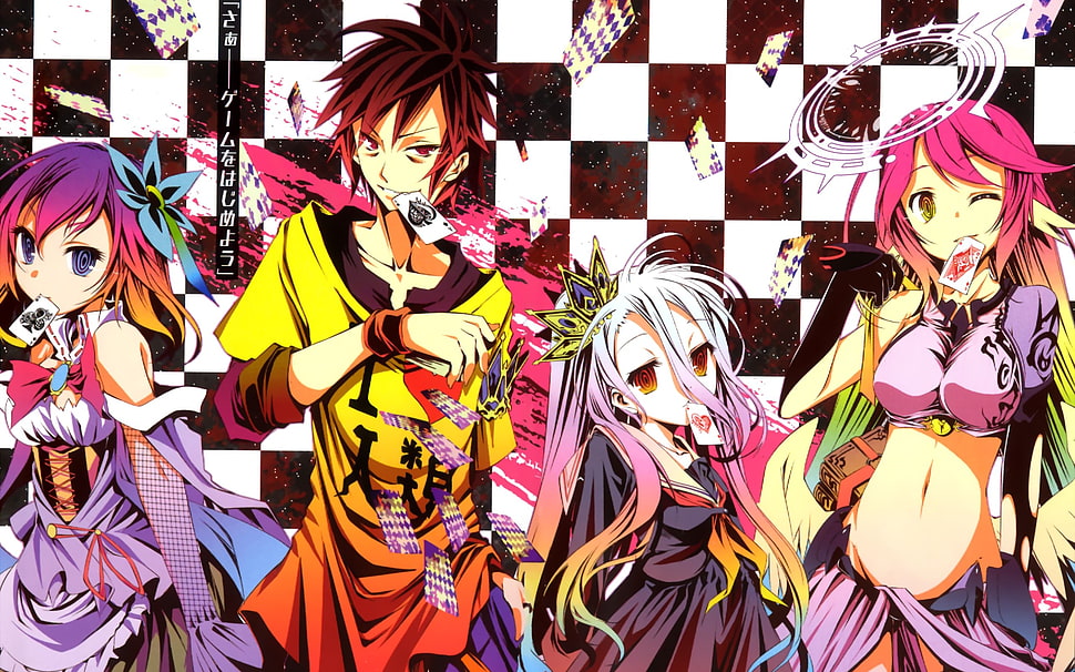 1 male and 3 female anime characters HD wallpaper
