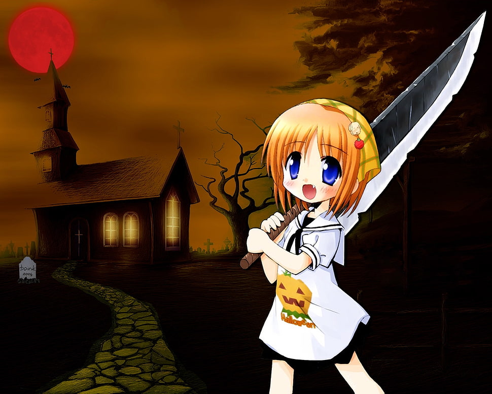 girl anime holding sword with haunted house background HD wallpaper