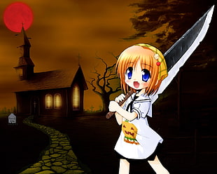 girl anime holding sword with haunted house background