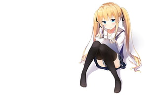 female anime character wearing white dress illustration, white  background, aqua eyes, blonde, blushing