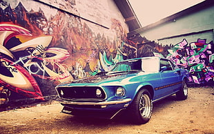 classic blue coupe, Ford, Ford Mustang, graffiti, car