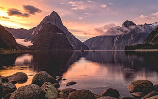 landscape photo of river and mountain, landscape, mountains, lake, sunset